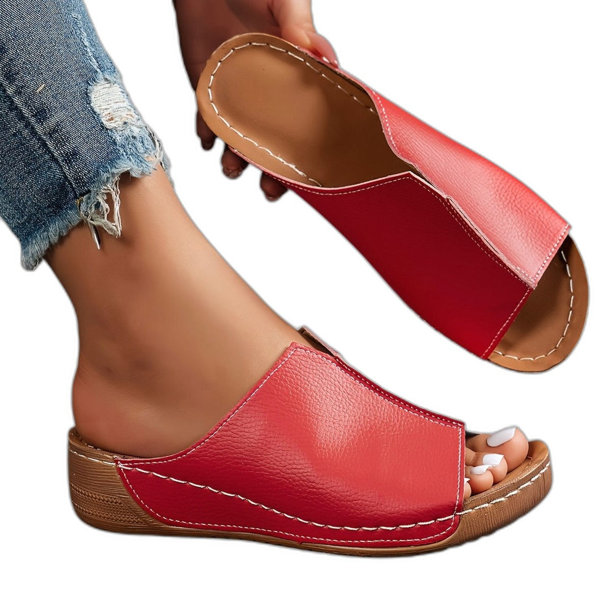 Comfortable White Leather Mules for Women with Platform Open Toe Casual Style