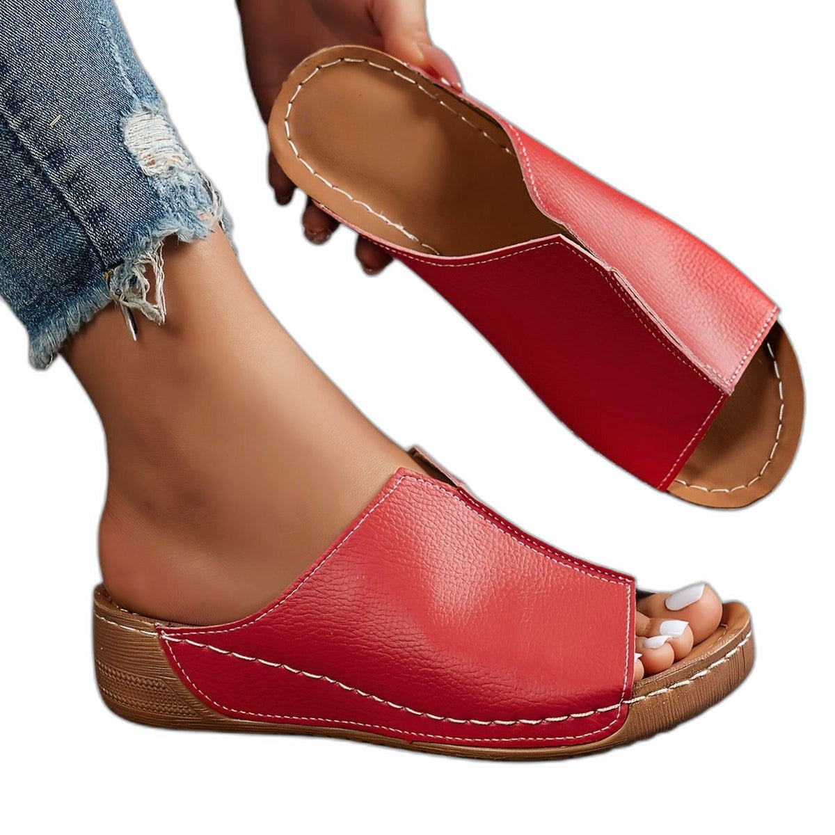 Comfortable White Leather Mules for Women with Platform Open Toe Casual Style