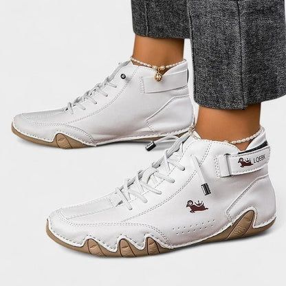 Comfortable White Leather Sneakers for Women with Closed Toe Lace Up Casual Style