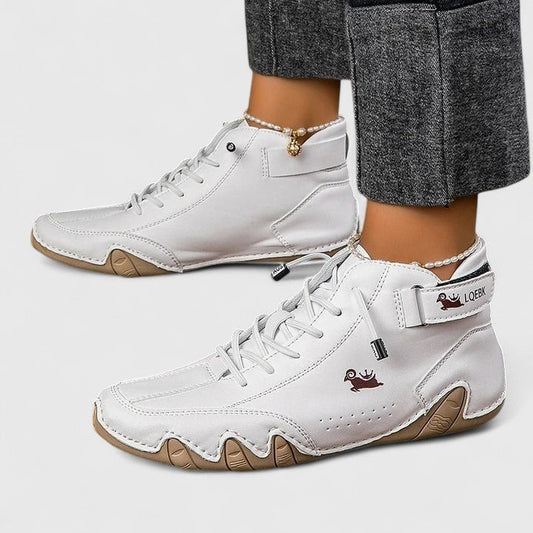 Comfortable White Leather Sneakers for Women with Closed Toe Lace Up Casual Style