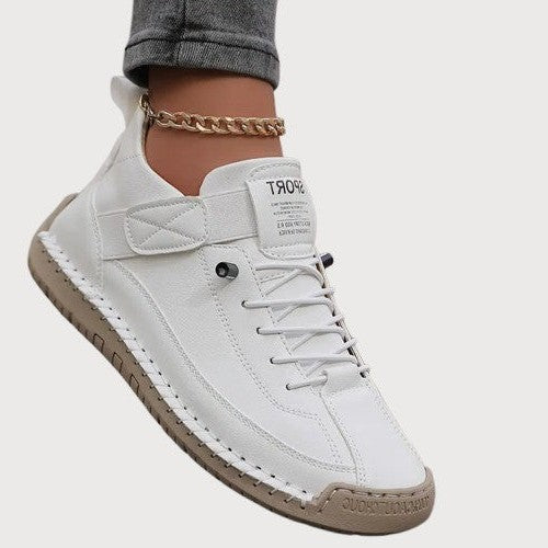 Comfortable White Leather Sneakers for Women with Closed Toe Lace Up Slip On Casual Style