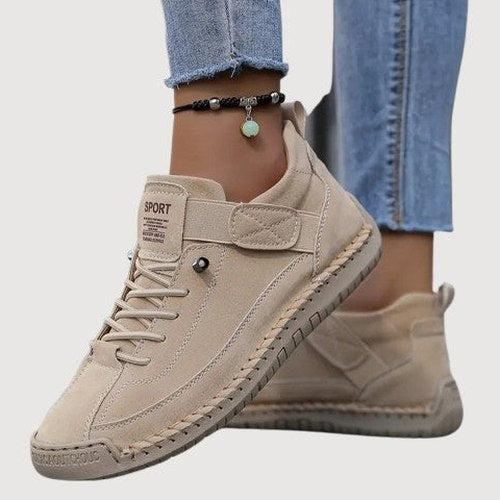 Comfortable White Leather Sneakers for Women with Closed Toe Lace Up Slip On Casual Style