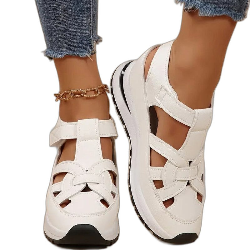 Comfortable White Leather Sneakers for Women with Cutout Platform Closed Toe Casual Style