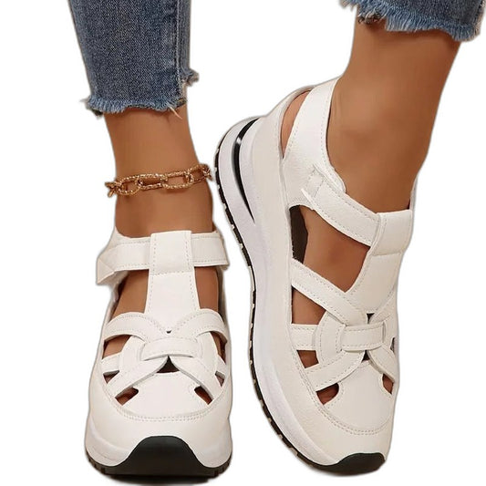 Comfortable White Leather Sneakers for Women with Cutout Platform Closed Toe Casual Style
