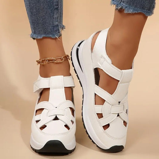 Comfortable White Leather Sneakers for Women with Cutout Platform Closed Toe Casual Style