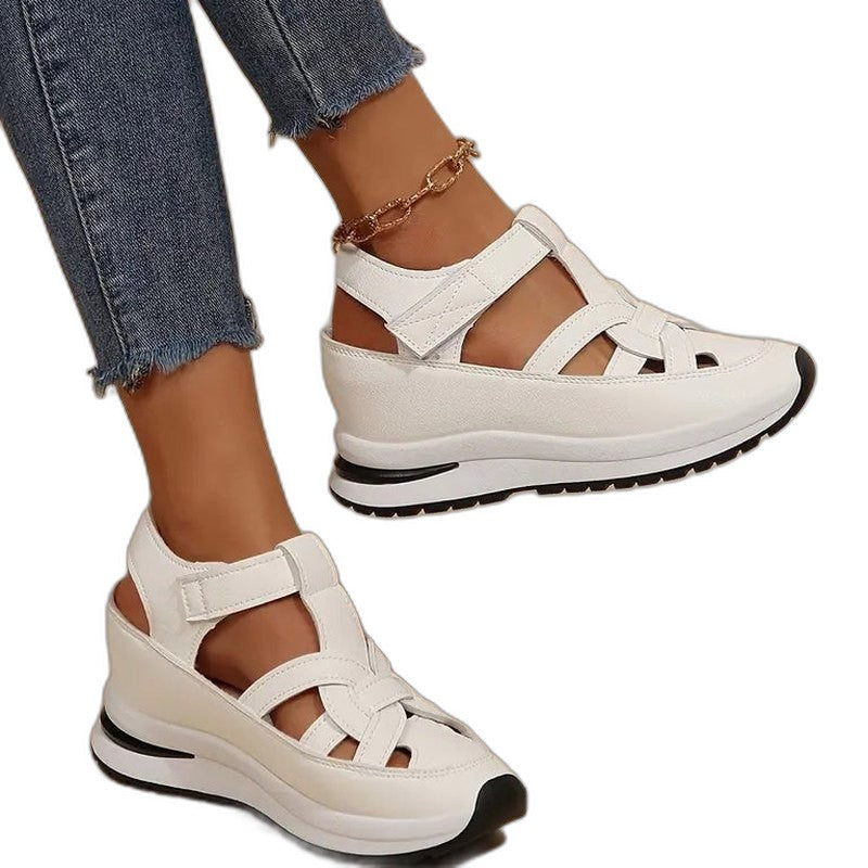 Comfortable White Leather Sneakers for Women with Cutout Platform Closed Toe Casual Style