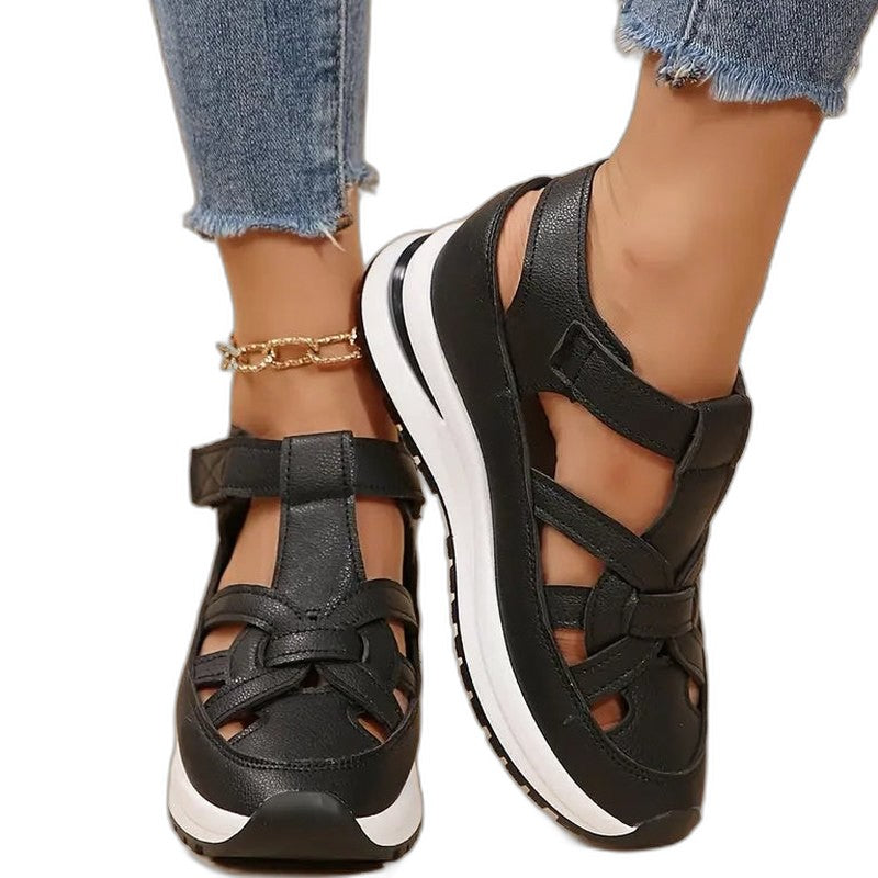 Comfortable White Leather Sneakers for Women with Cutout Platform Closed Toe Casual Style
