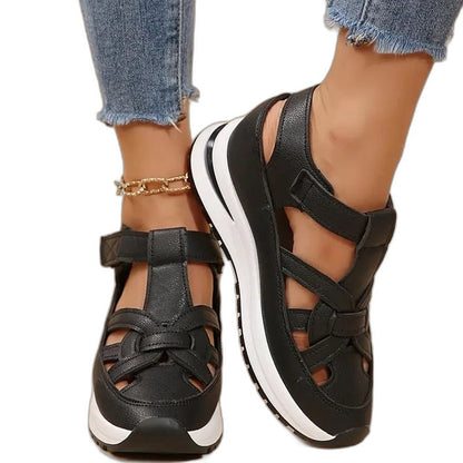 Comfortable White Leather Sneakers for Women with Cutout Platform Closed Toe Casual Style