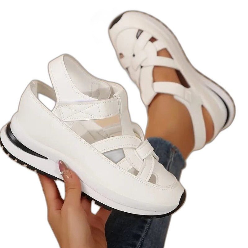 Comfortable White Leather Sneakers for Women with Cutout Platform Closed Toe Casual Style