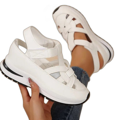 Comfortable White Leather Sneakers for Women with Cutout Platform Closed Toe Casual Style