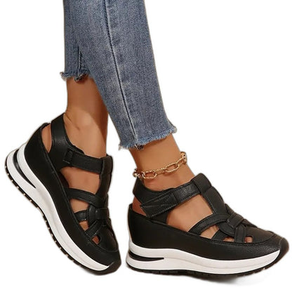Comfortable White Leather Sneakers for Women with Cutout Platform Closed Toe Casual Style