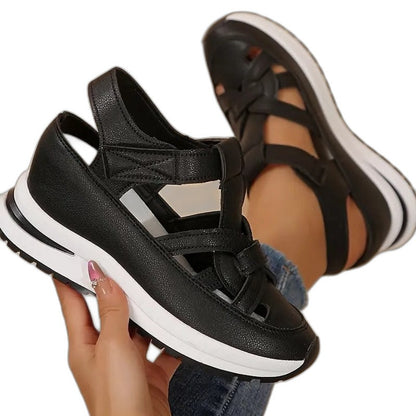 Comfortable White Leather Sneakers for Women with Cutout Platform Closed Toe Casual Style