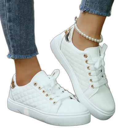 Comfortable White Leather Sneakers for Women with Platform Closed Toe Lace Up Casual Style