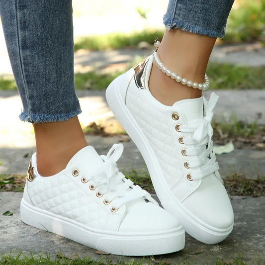 Comfortable White Leather Sneakers for Women with Platform Closed Toe Lace Up Casual Style