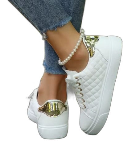 Comfortable White Leather Sneakers for Women with Platform Closed Toe Lace Up Casual Style