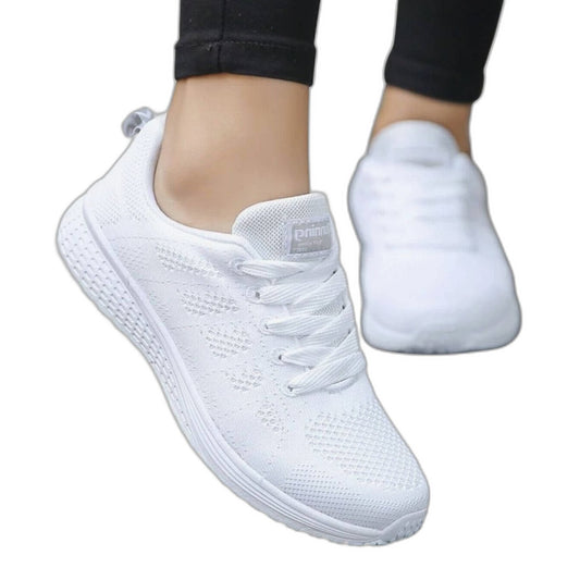 Comfortable White Mesh Sneakers for Women with Closed Toe Lace Up Casual Style
