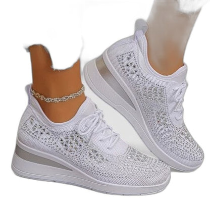 Comfortable White Mesh Sneakers for Women with Platform Lace Up Studded Casual Style