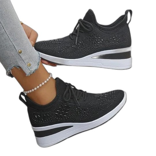 Comfortable White Mesh Sneakers for Women with Platform Lace Up Studded Casual Style