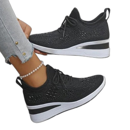 Comfortable White Mesh Sneakers for Women with Platform Lace Up Studded Casual Style