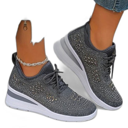 Comfortable White Mesh Sneakers for Women with Platform Lace Up Studded Casual Style