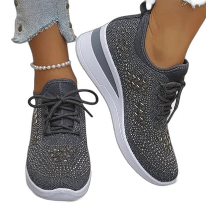 Comfortable White Mesh Sneakers for Women with Platform Lace Up Studded Casual Style