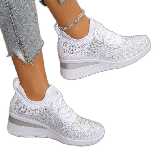 Comfortable White Mesh Sneakers for Women with Platform Lace Up Studded Casual Style