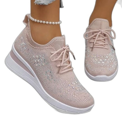 Comfortable White Mesh Sneakers for Women with Platform Lace Up Studded Casual Style