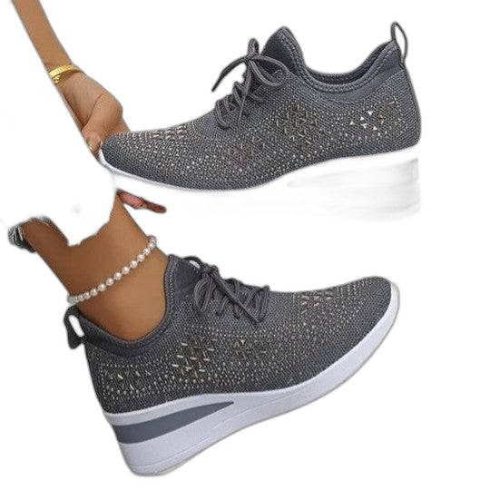 Comfortable White Mesh Sneakers for Women with Platform Lace Up Studded Casual Style