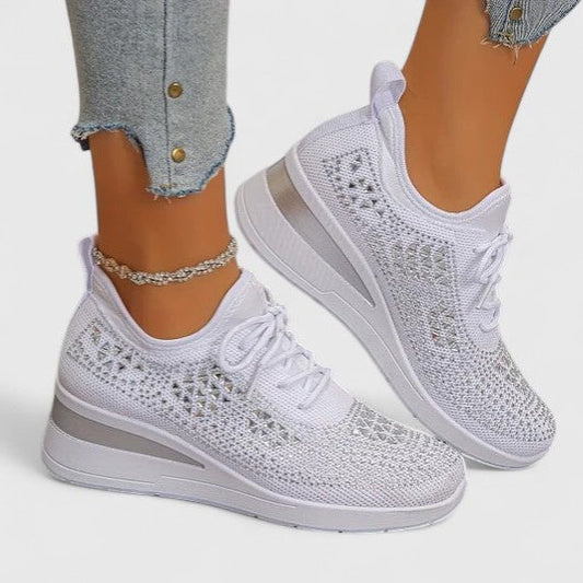 Comfortable White Mesh Sneakers for Women with Platform Lace Up Studded Casual Style