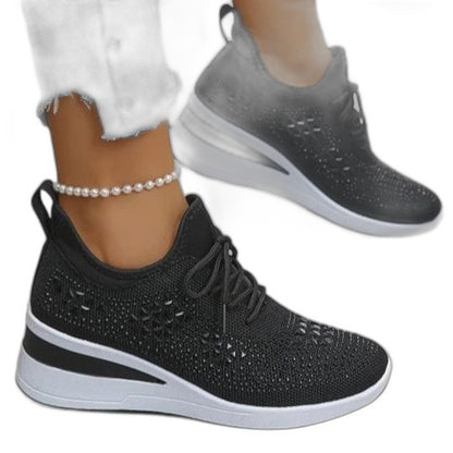 Comfortable White Mesh Sneakers for Women with Platform Lace Up Studded Casual Style