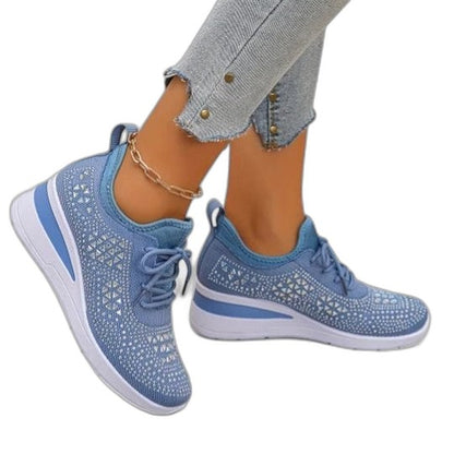 Comfortable White Mesh Sneakers for Women with Platform Lace Up Studded Casual Style