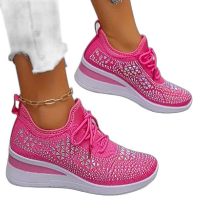 Comfortable White Mesh Sneakers for Women with Platform Lace Up Studded Casual Style