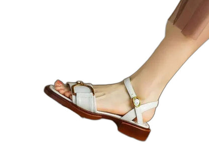 Comfortable White Sandals for Women with Block Heel Open Toe Buckle Casual Style