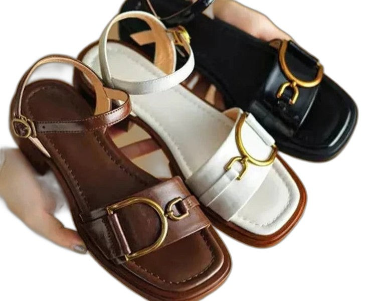 Comfortable White Sandals for Women with Block Heel Open Toe Buckle Casual Style