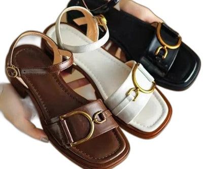 Comfortable White Sandals for Women with Block Heel Open Toe Buckle Casual Style