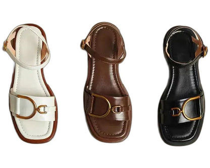 Comfortable White Sandals for Women with Block Heel Open Toe Buckle Casual Style