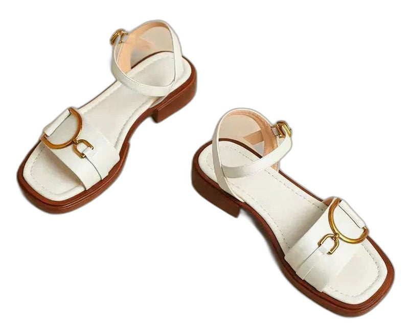 Comfortable White Sandals for Women with Block Heel Open Toe Buckle Casual Style