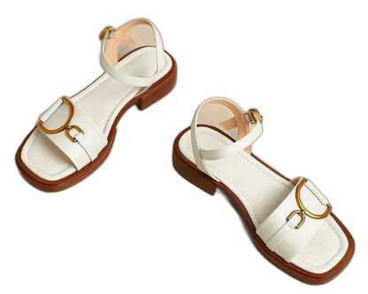 Comfortable White Sandals for Women with Block Heel Open Toe Buckle Casual Style