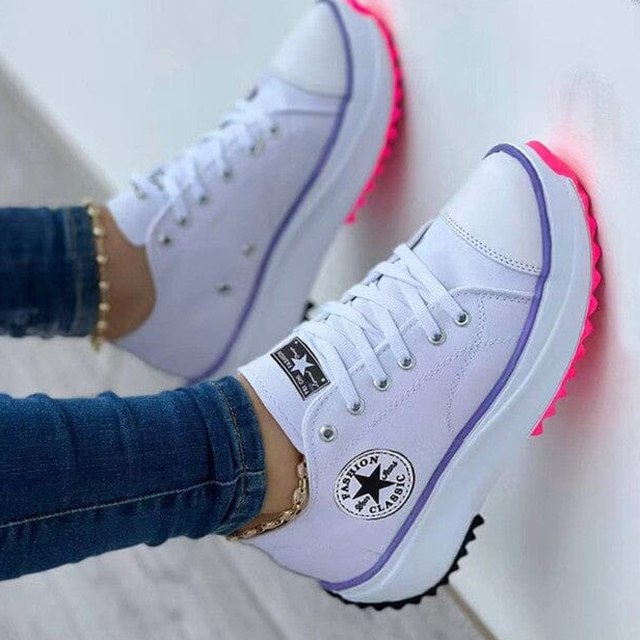 Comfortable White Sneakers for Women with Platform Closed Toe Lace Up Casual Style