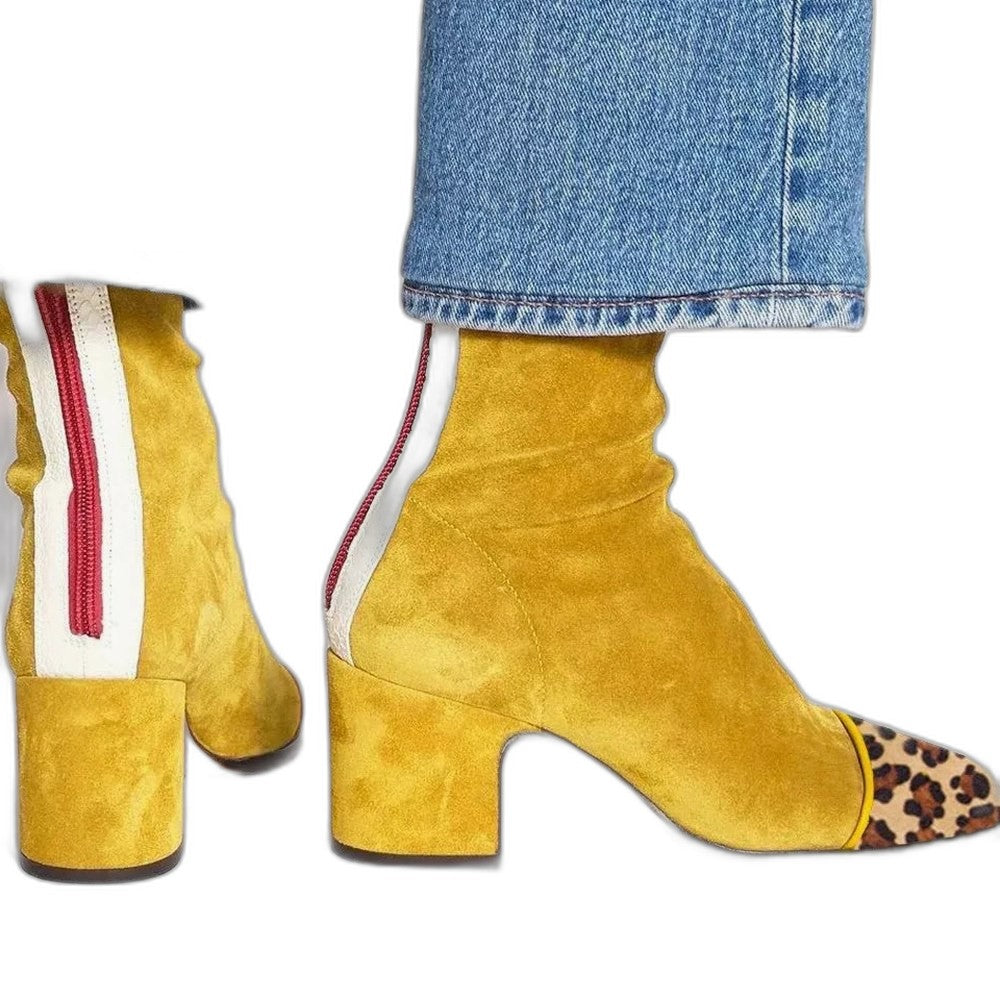 Comfortable Yellow Suede Ankle Boots for Women with Block Heel Closed Toe Casual Style