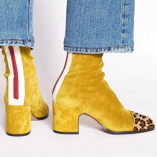 Comfortable Yellow Suede Ankle Boots for Women with Block Heel Closed Toe Casual Style