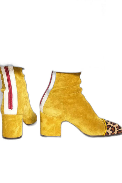Comfortable Yellow Suede Ankle Boots for Women with Block Heel Closed Toe Casual Style