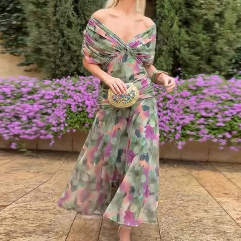 Elegant Off Shoulder Maxi Dress for Women with Draped Bodice Ruched Waist Formal Wedding Guest Style