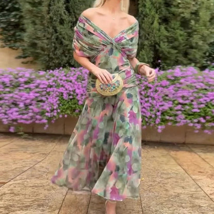 Elegant Off Shoulder Maxi Dress for Women with Draped Bodice Ruched Waist Formal Wedding Guest Style