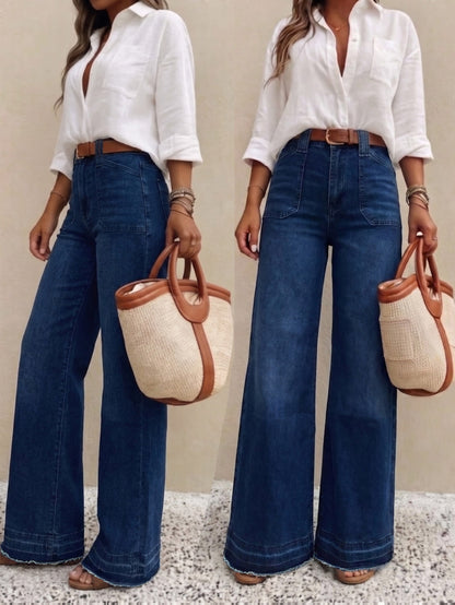 Effortless Relaxed Dark Blue Wide Leg Jeans for Women with High Waist Belted Style