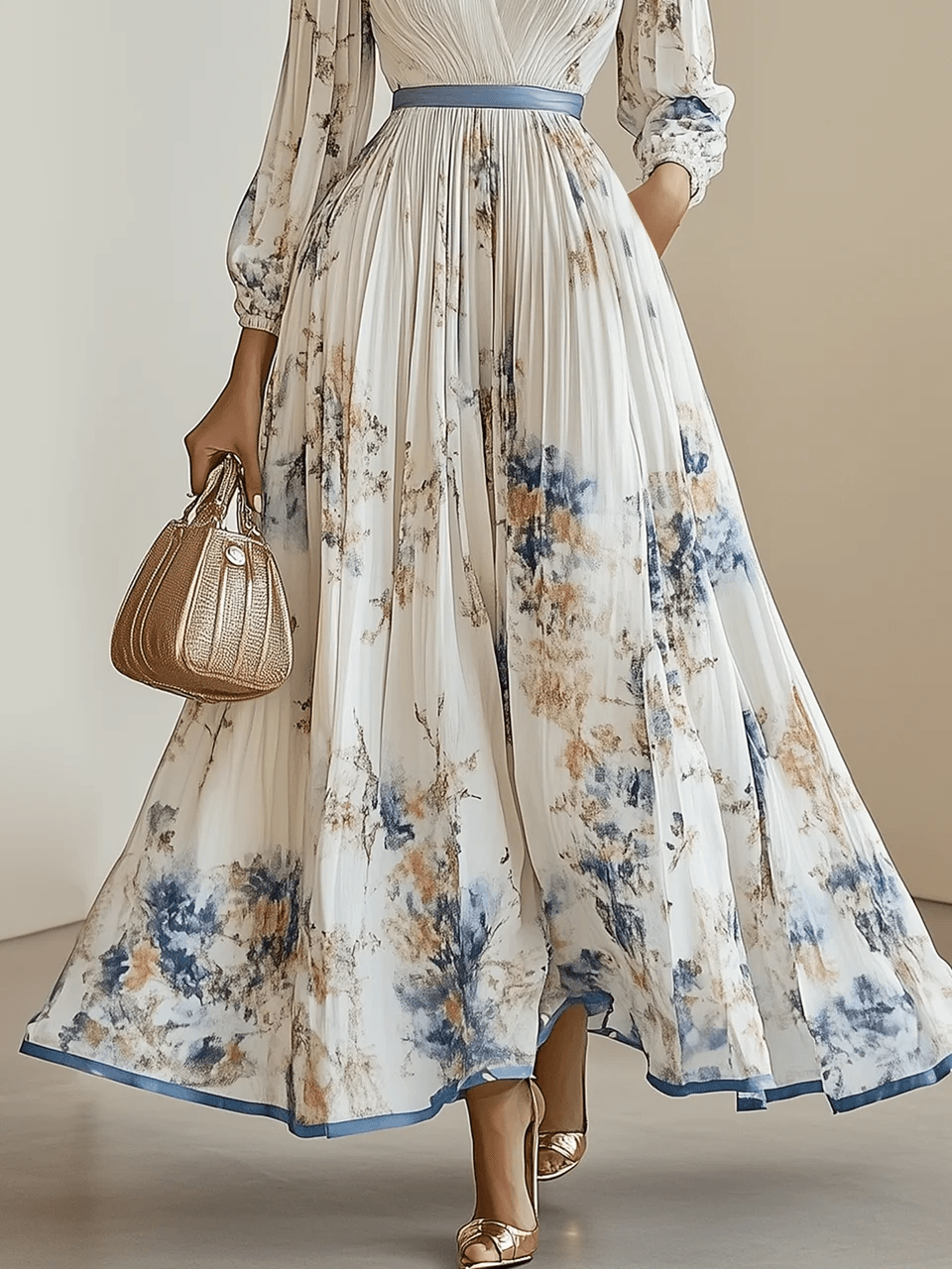 Elegant White Floral Maxi Dress for Women with V Neck Long Sleeve Belted Pleated Wedding Guest Style