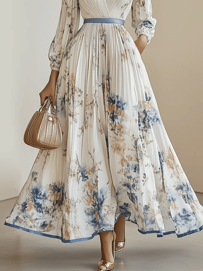 Elegant White Floral Maxi Dress for Women with V Neck Long Sleeve Belted Pleated Wedding Guest Style