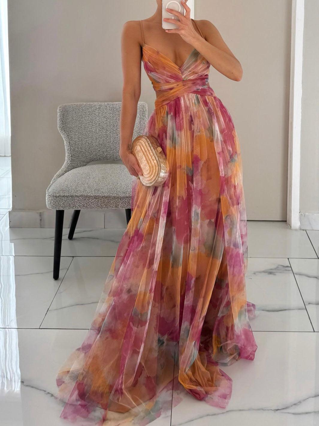 Elegant Watercolor Floral Maxi Dress for Women with V Neck Crisscross Waist Cutout Flowing Style