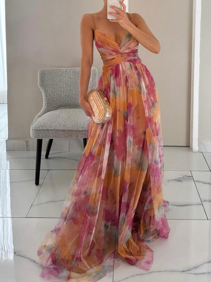 Elegant Watercolor Floral Maxi Dress for Women with V Neck Crisscross Waist Cutout Flowing Style