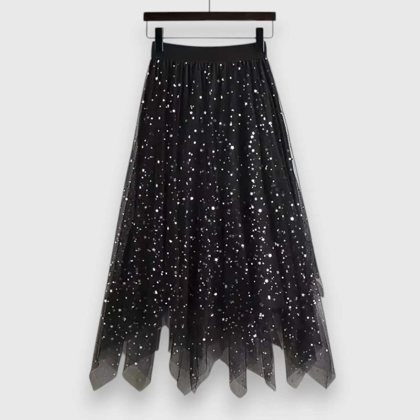 Elegant Midi Skirt for Women with Elastic High Waist Sparkle Tulle Asymmetric Handkerchief Hem Casual Style